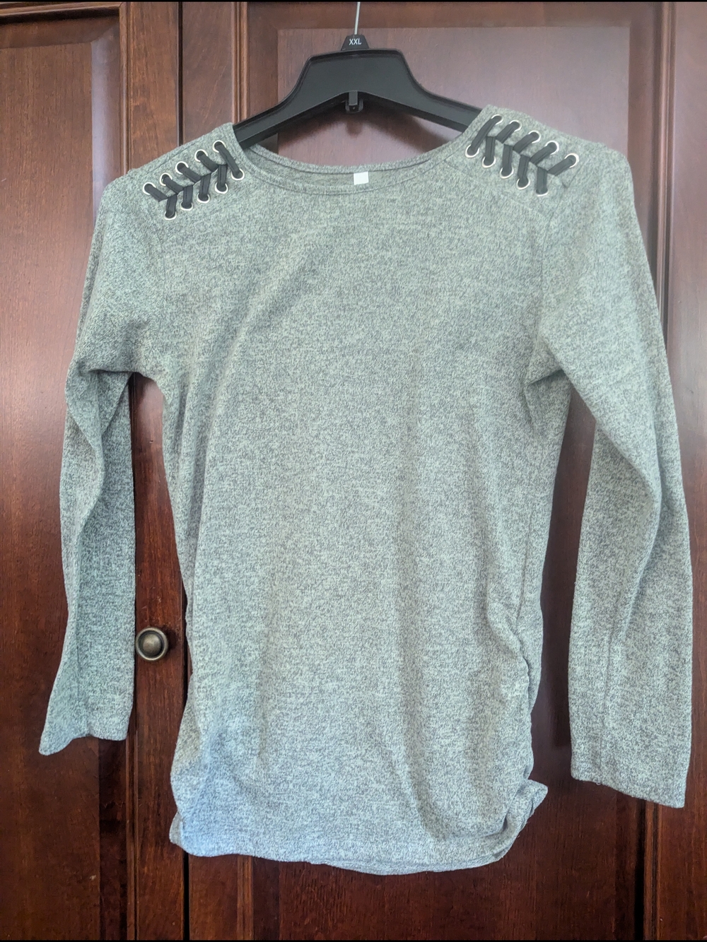NY Collection Gray Lace-Up Shoulder Long Sleeve Tee - Picture 5 of 5